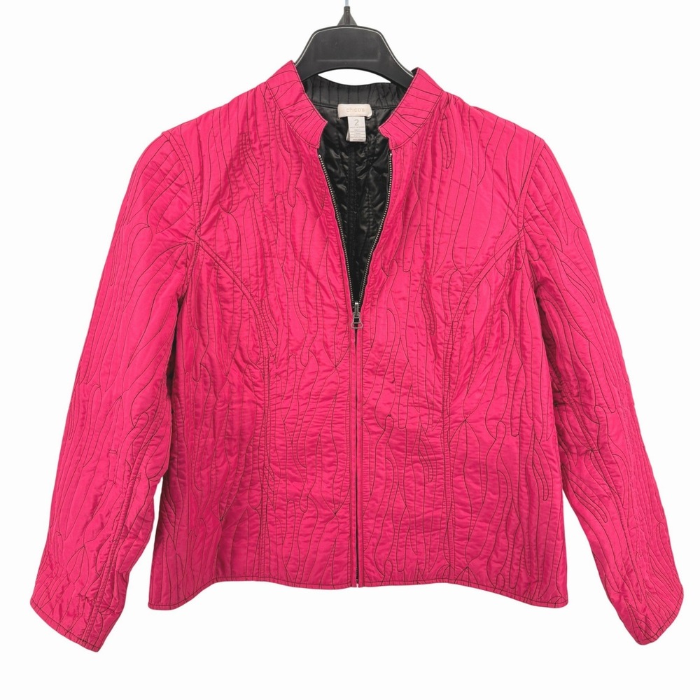 Chico's Quilted Jacket Womens 2 Pre-Owned Magenta Pink ZipUp Black Wavy Stitched